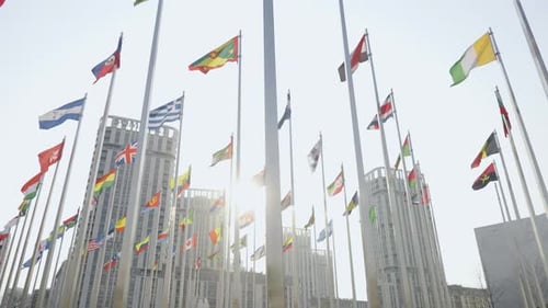 Flags from Around the World Waving in City
