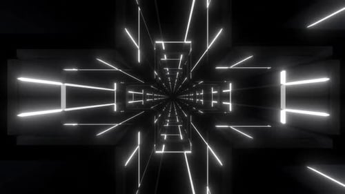 Dynamic 3D tunnel with glowing white lines, futuristic abstract design