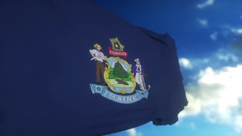Realistic Maine State Flag Waving in Blue Sky