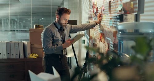 Enquête, tablette et carte mentale avec un homme de bureau pour les dossiers de police, le tableau des preuves et la nuit