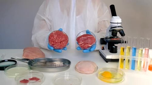 Scientist Holding Petri Dishes with Meat and Beef