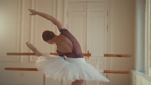 Back View of Rehearsing Ballerina in Dance Class Exercise at Barre Medium Shot Attractive Slender
