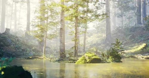 Serene Forest Pond with Lush Greenery and Misty Atmosphere in the Morning