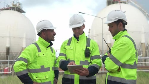 Inspection de sécurité du réseau de canalisations industrielles par un travailleur en équipement de sécurité brillant par temps ensoleillé