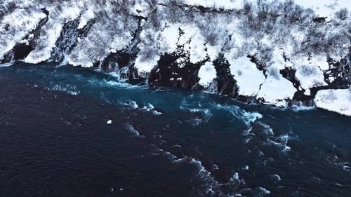 Pure Turquoise Water Glacial River with Huge Current Waterfall in Iceland Frozen Waterfall in Winter