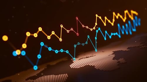 Looping 3D global line charts with glowing nodes above world map