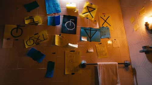 Empty Bathroom With Some Abstract Shapes On The Wall