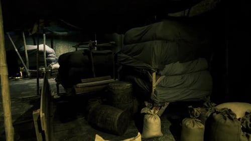 Grungy Storage Room with Vintage Cart and Sacks