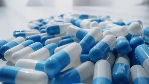 Pile of Blue and White Pharmaceutical Capsules