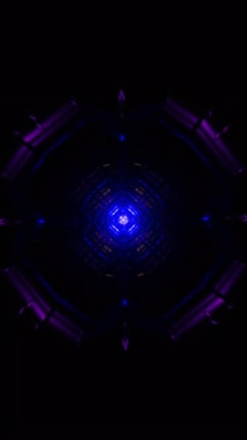 Vídeo vertical de túneles geométricos que fluyen sin cesar con brillantes acentos de neón y luz estroboscópica rítmica