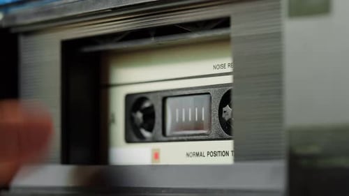 Retro Radio Tape Recorder Audio Cassette Playing Closeup Listening to Music Recording Studio Old