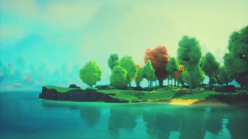 Colorful Cartoon Forest at Sunset