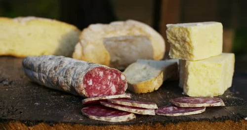 Salami, Cheese, and Bread on Platter