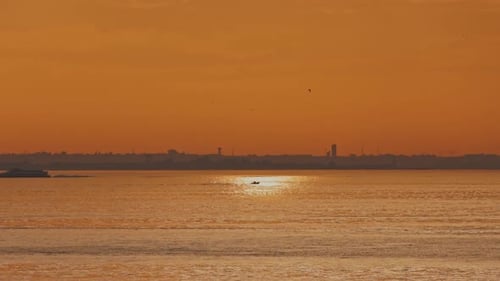 River Boat on Ocean Water at Sunrise Vapour Cross the River Tejo at the Morning