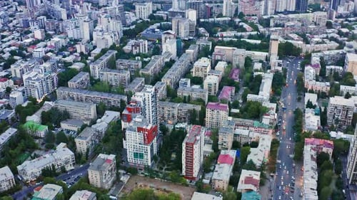 Overhead view at.streets of Vake and Saburtalo districts and Tbilisi urban skyline