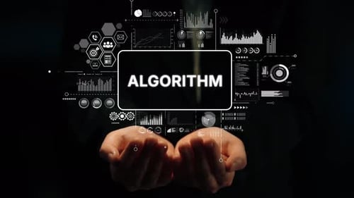Hands Displaying Conceptual Interface with Algorithm Text and Data Visualization Elements in Dark Ba