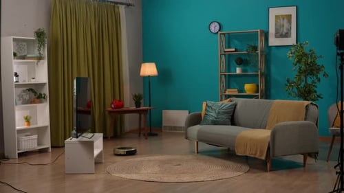 Robot Vacuum Cleaner Cleaning Living Room Floor