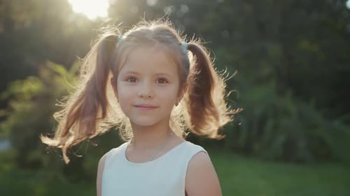 Portrait of Nice Caucasian Girl with Two Ponytails Wearing Dress Beautiful Ukrainian Woman Kid