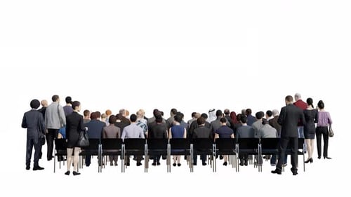 Diverse Audience Attends Corporate Event: Animated People Sitting and Standing