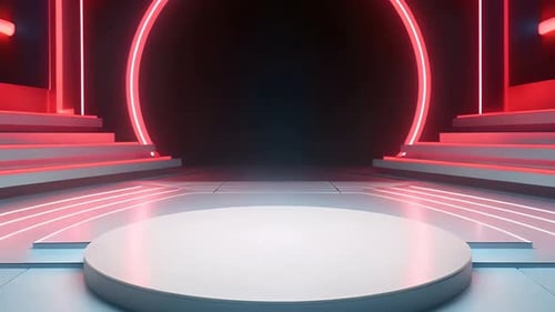 Dynamic Modern Stage with Glowing Neon Circle and Podium