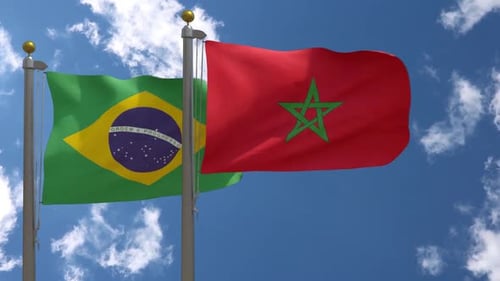 Brazil and Morocco Flags Waving in Wind with Blue Sky