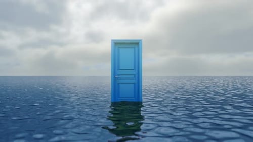 Blue door in the middle of the sea