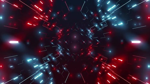Rote und blaue Neonleitungen in einer futuristischen digitalen Tunnelschleife