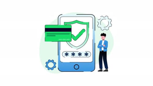 Secure payment animation shield card and phone for financial protection. Suitable for finance.