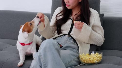 Woman Petting Dog and Feeding Popcorn on Sofa