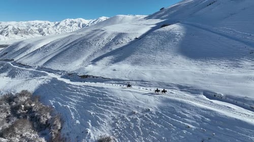 Mountains at winter time , riding horses aerial video