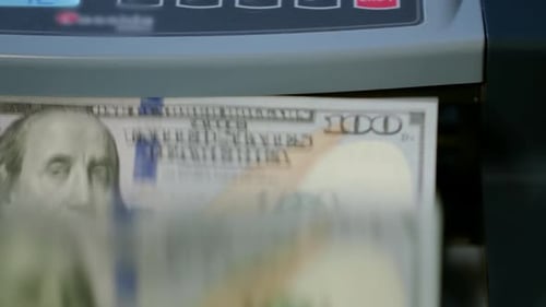 Money Income Concept. Currency Counting Machine. Quick Deposit Registration. Bank Automatic Equipmen