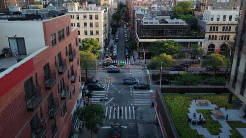 Aerial View of a Bustling New York City Crossroad Highlighting Modern Architecture and Urban Life