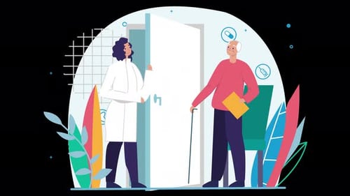 Médico europeo que recibe a un paciente de edad avanzada en su casa.