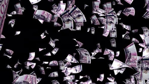 Money rain. British Pounds banknotes falling down. Great Britain Pounds. GBP