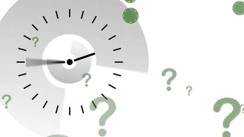 Animation of green question marks over clock moving fast on white background