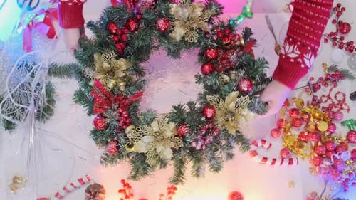 Wreath on the Table Top View Preparing Holiday Decoration