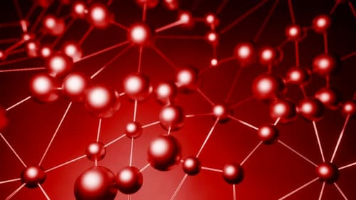 Pink and red background. Design. Round atoms connected by lines that move in abstraction.