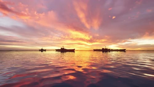 Naval Fleet with Warship and Bomber Aircraft at Sunset