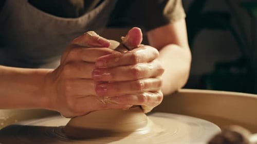 Woman Potter Works with Clay on Master Class in Studio Working Process in Ceramic Workshop Potter