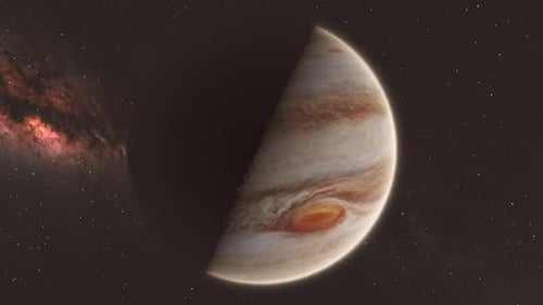 Planet Jupiter from Space in Half Light Half Shadow with Milky Way Galaxy and Stars Background 4K