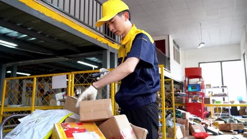 Mitarbeiter in Uniform, überreicht eine Kiste mit Scanner-Barcode am Warenlager, Inventur, Verteilung.