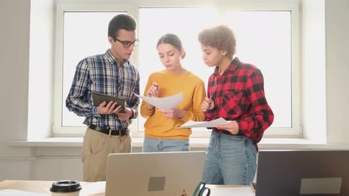 Collaborative Team Examining Documents in a Bright Workspace
