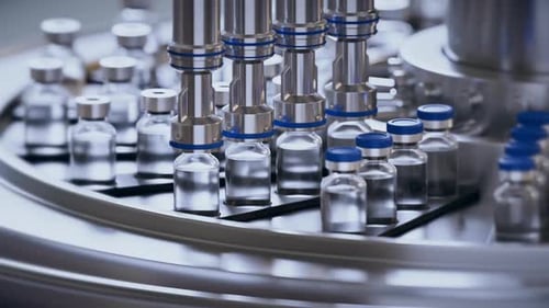 Glasgefäße auf der Förderlinie, moderne Pharmafabrik in Nahaufnahme