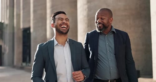 Business men, friends and walk in city with laughing, funny conversation