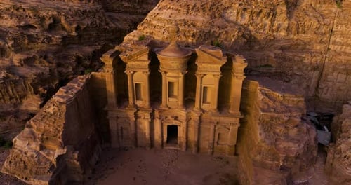 Aerial View Of Ad Deir Monastery At Dusk In Petra, Jordan.