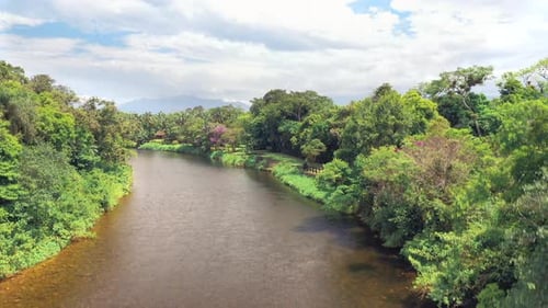 Drohnenaufnahme beim Aufstieg und enthüllt eine wunderschöne Landschaft, einen Fluss im tropischen grünen Wald mit Bergen im Hintergrund