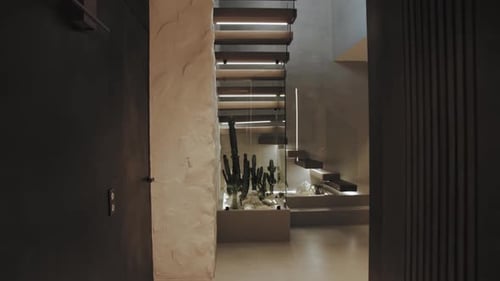 Modern Interior with Illuminated Staircase and Cactus