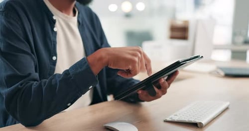 Businessman, tablet and hands in office for research, communication and project planning