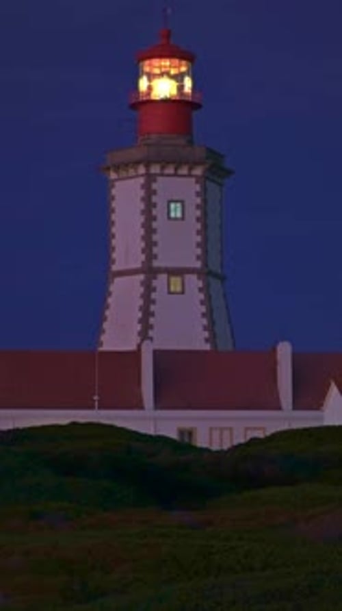 Lighthouse Sending Its Light Beam at Night Cape Espichel Portugal