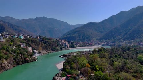 morning view landscape of mountains and rivers in rishikesh drone shot
